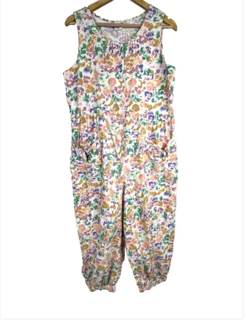 VTG 90s Floral Bubble Romper XL Slouchy Balloon Leg Pocket Boho Cottage Festival